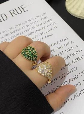 【K社制造】蛇头戒指欧美设计铜镀金微镶绿锆个性轻奢开口指环