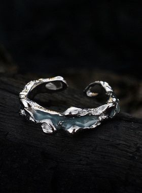 韩系异彩纹理珐琅戒指批发女S925纯银冷淡风滴釉质感炸裂