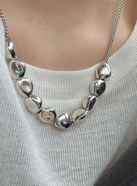 韩国s925纯银小众项链重工不规则石头毛衣链复古做旧轻奢时尚秋冬