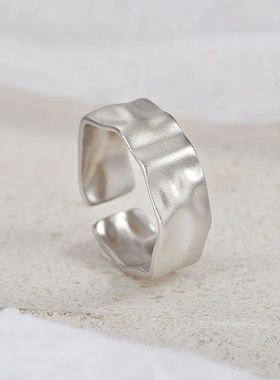 韩版S925纯银戒指ins风不规则凹凸面磨砂开口女戒指极简银指环