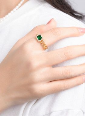 祖母绿方块锆石链条戒指欧美轻奢复古高级感时髦个性百搭叠带戒子