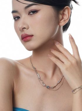 韩版轻奢设计S925纯银多巴胺项链女短款双层叠戴彩宝锁骨链