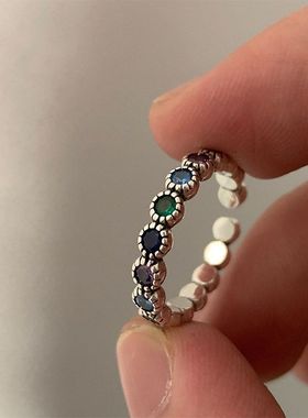 韩版彩色圆形锆石戒指女式复古时尚璀璨拼色气质甜美简约指环批发