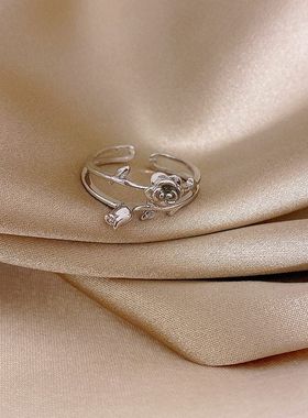 双层荆棘玫瑰戒指女简约ins小众设计食指戒简约百搭韩版开口指环