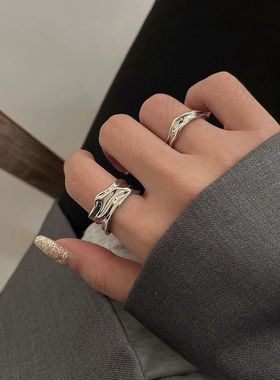 韩版S925银几何不规则戒指女复古时尚褶皱开口指环嘻哈个性食指戒