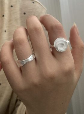 S925纯银韩版小众设计感玫瑰花烧白戒指韩式风简约复古指环