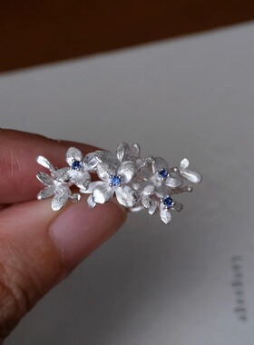 日系小清新花枝戒指繁花微镶蓝钻清冷感时尚复古磨砂感开口指环