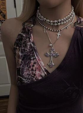 跨境爆款多层叠戴珍珠项链亚文化重工朋克嘻哈Y2K锁骨链颈链批发