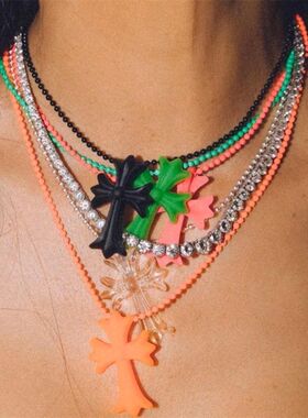 潮流百搭彩色硅胶十字架项链复古男女橡胶爱心 锁头 宝剑吊坠项链