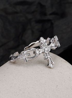 宫廷风小众设计师款S925纯银十字架食指戒女开口镶钻戒指