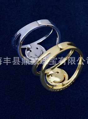 风格双环笑脸戒指复古镀金锆石情侣潮流送礼镶钻轻奢小众