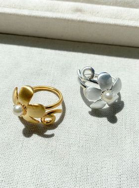 小众设计银色拉丝工艺花朵戒指耳环女轻奢高级感气质百搭食指戒