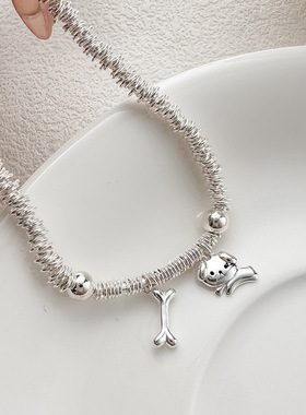 S925纯银韩国可爱ins简约高级感小众设计小狗骨头银圈手链手环