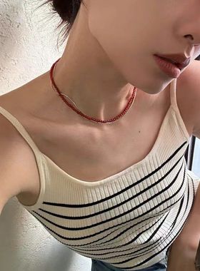 红玛瑙项链925纯银韩国博主fever同款圆球锁骨链女小众冷淡风2024