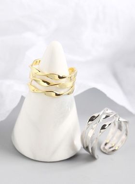 日韩版S925纯银极简三层线条扭纹开口戒指指环百搭银手饰