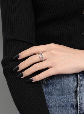 纯银S925复古做旧韩版戒指极简几何链条线条气质百搭开口指环