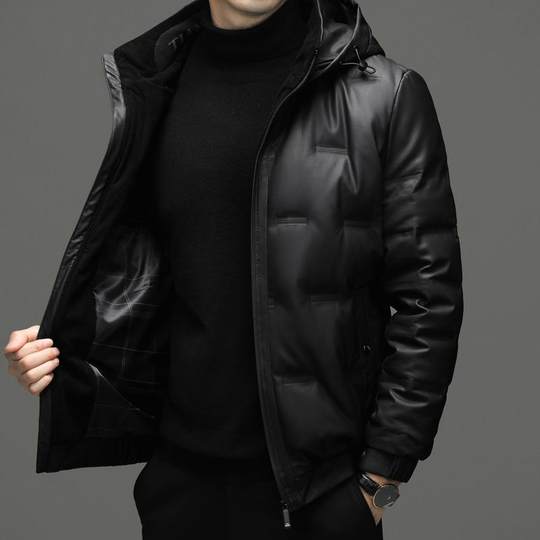 海宁真皮绵羊羽绒服男士加厚加肥加大高档皮夹克外套皮衣连帽冬季