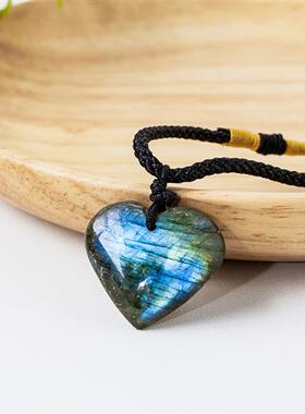 天然水晶原石拉长石爱心吊坠月光石心形时尚简约项链饰品挂件