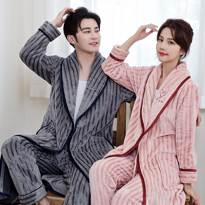 秋冬日式法兰绒情侣男长款性感睡袍 优美纺睡袍/浴袍