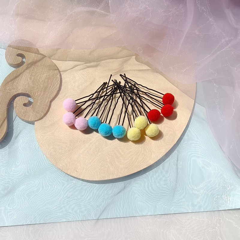 彩色毛球发叉U形夹子毛绒绒发饰古风点缀u钗迷你红绒球发簪头饰品,淘宝优惠券,粉丝福利购,淘宝优惠卷