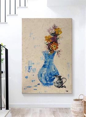 蓝色花瓶纯手绘油画美式