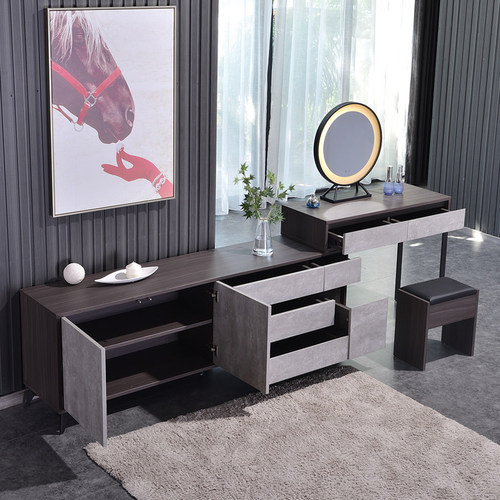 网红梳妆台现代简约卧室收纳柜电视柜化妆桌+LED灯连体电脑桌定制 - 图2