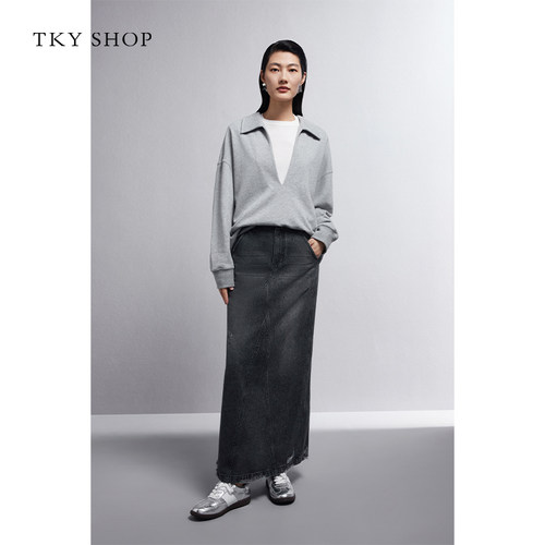 TKY SHOP美式复古牛仔裙2025秋新款不规则毛边半身裙高腰开叉裙子 - 图0