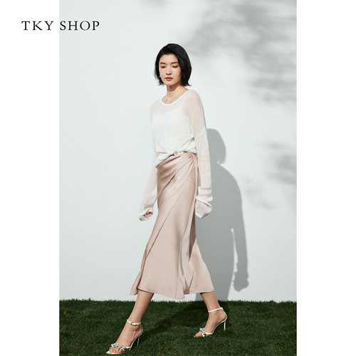 TKY SHOP慵懒风白色圆领毛衣简约镂空微透毛针织衫薄款长袖罩衫 - 图1