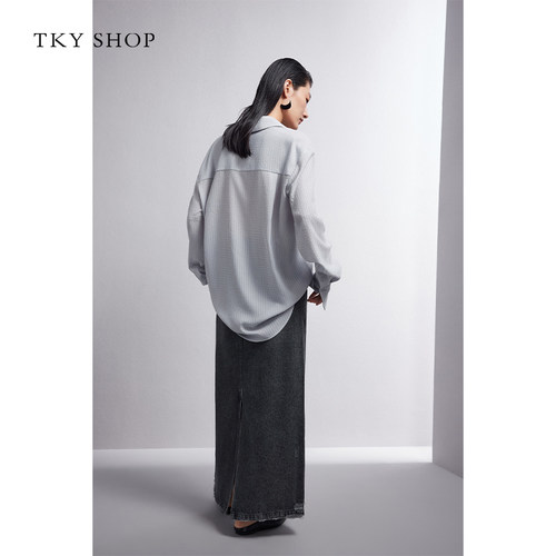 TKY SHOP美式复古牛仔裙2025秋新款不规则毛边半身裙高腰开叉裙子 - 图2