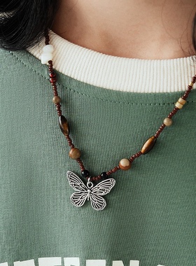 贰狸手作「小蝴蝶」原创手工锁骨链小众复古串珠设计感项链新中式