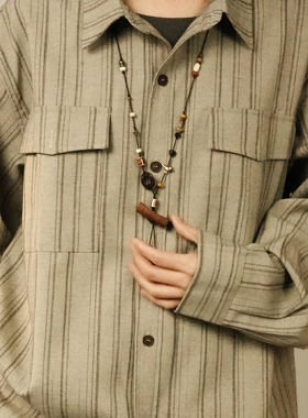 贰狸手工编织民族风毛衣链圆木棕色复古百搭棉绳串珠重工长款项链