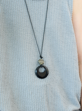 天然黑玛瑙石黑绳项链长款吊坠新中式设计高级感夏季新款配饰品女