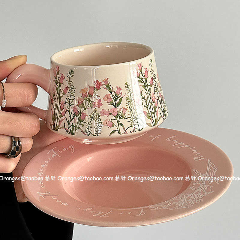 Oranges油画粉色铃兰花咖啡杯碟中古风下午茶水杯子小众原创礼物 - 图2