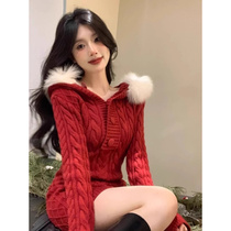 Autumn and winter Christmas New Year wardrobes Nets cover with cap sweater buns hip short skirts red fur collar Lions knitted one-piece dress