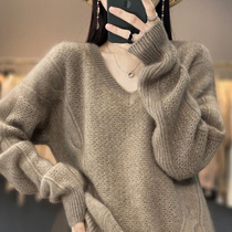 MA Fashion 100 Pure Cashmere Sweatshirt Woman Fall New loose Lazy Wind Thickened Knit Goat Sweatshirt V Collar Long Sleeve