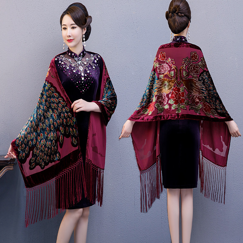 春秋女士披肩围巾两用丝绒烧花长款围巾婚宴妈妈旗袍礼服披肩外搭,淘宝优惠券,粉丝福利购,淘宝优惠卷