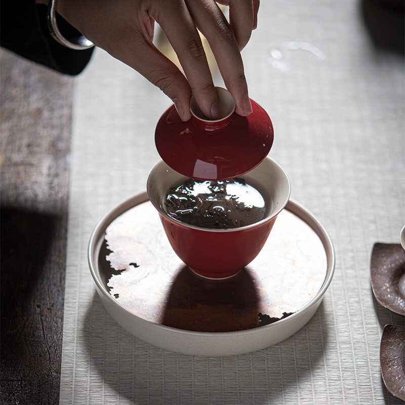 Red glaze tureen without support tureen kung fu tea set ceramic hand-grabbed bowl rock tea imitation iron household tea bowl red tea bowl