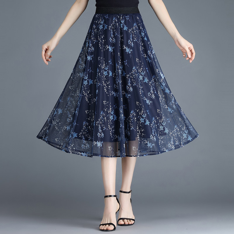 印花网纱2023春夏新款高腰半身裙 倩芭兰半身裙