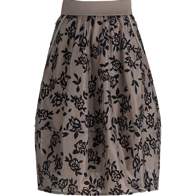 Flocked mesh flower bud skirt A-line midi skirt for women