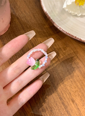 棉条虫郁金香串珠戒指女