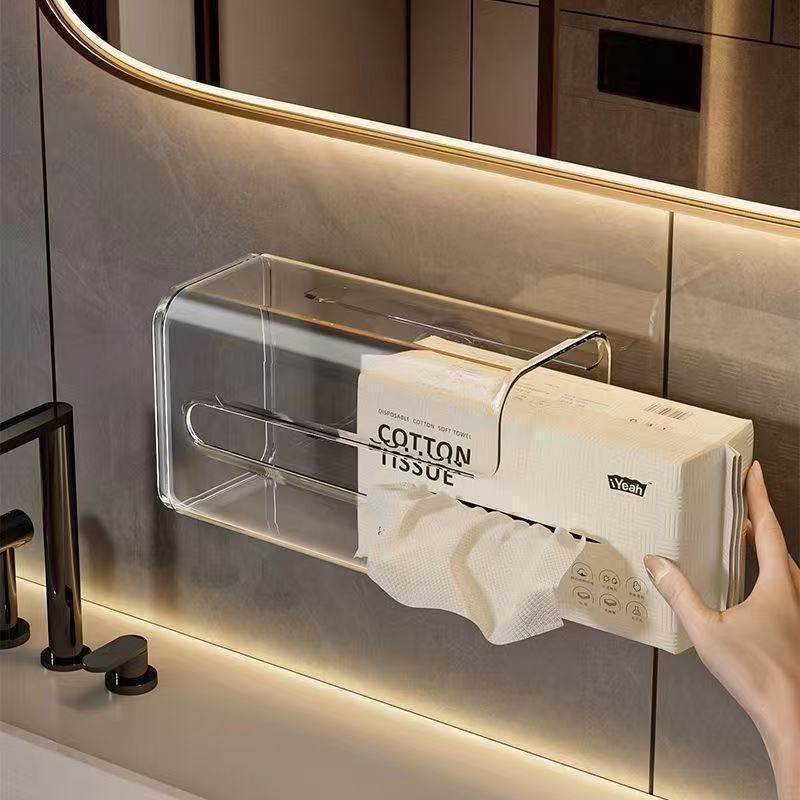 免打孔背胶透明壁挂式纸巾盒收纳整理倒挂纸盒棉柔巾收纳盒纸巾盒,淘宝优惠券,粉丝福利购,淘宝优惠卷