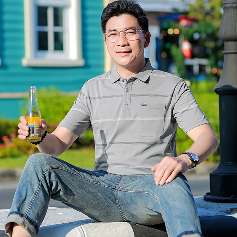 中年男短袖夏季装冰丝棉翻领polo衫 进财企鹅T恤