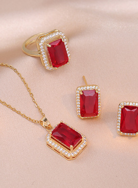 项链女 跨境祖母绿钻饰品锆石耳钉项链镶钻耳环女戒指套装锁骨链