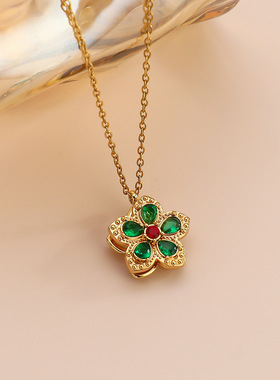 项链女跨境网红紫荆花锆石花朵小众旋转新款设计气质吊坠钛钢项链