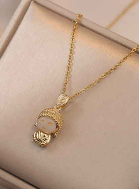 项链女 日韩投影小萌佛头新款时尚吉祥中国风气质钛钢项链锁骨链