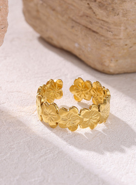 跨境欧美轻奢不锈钢花朵开口戒指镀18k金不掉色时尚百搭指环