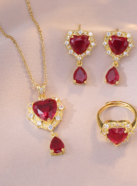 项链女 网红爱心跨境红色锆石小众设计ins 耳环戒指三件套项链