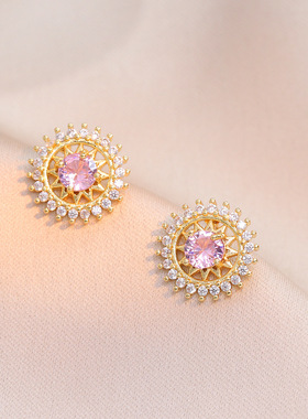 项链女韩版简约钛钢粉色花朵锆石耳环小众设计时尚气质锁骨链饰品