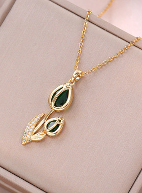 项链女网红郁金香锆石花朵小众新款设计感吊坠时尚气质钛钢锁骨链