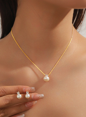 项链女网红淡水珍珠锆石小众时尚耳环设计感吊坠气质套装钛钢项链